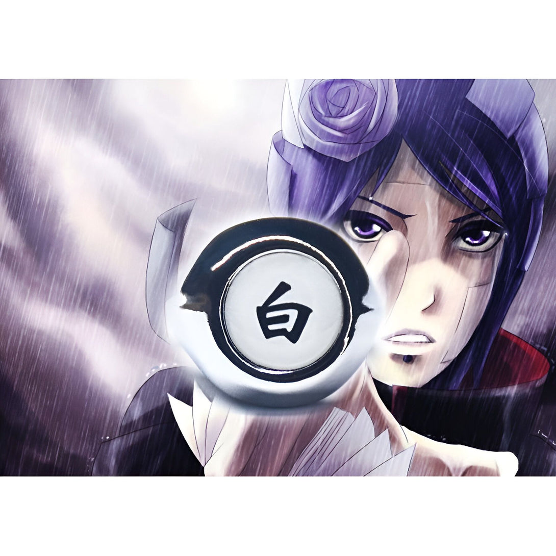 Pain, personnage de l'anime Naruto, tenant un Rinnegan blanc avec le kanji "blanc" écrit dessus.