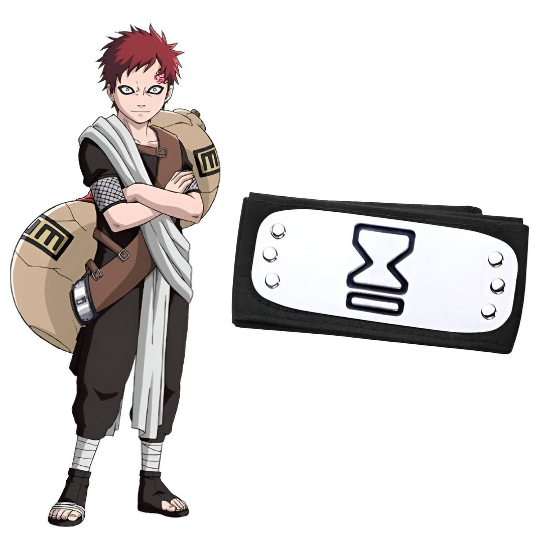 Gaara, personnage de l'anime Naruto, portant son bandeau frontal avec le symbole du sable et un sac à dos.