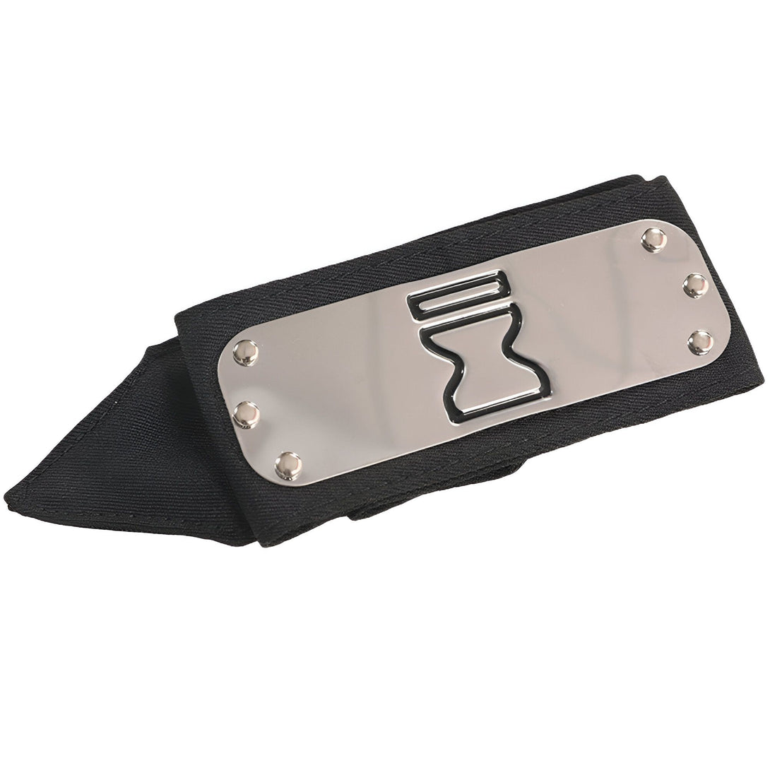 Bandeau noir en tissu avec une plaque en métal argentée représentant le symbole du village caché dans les feuilles de Konoha.