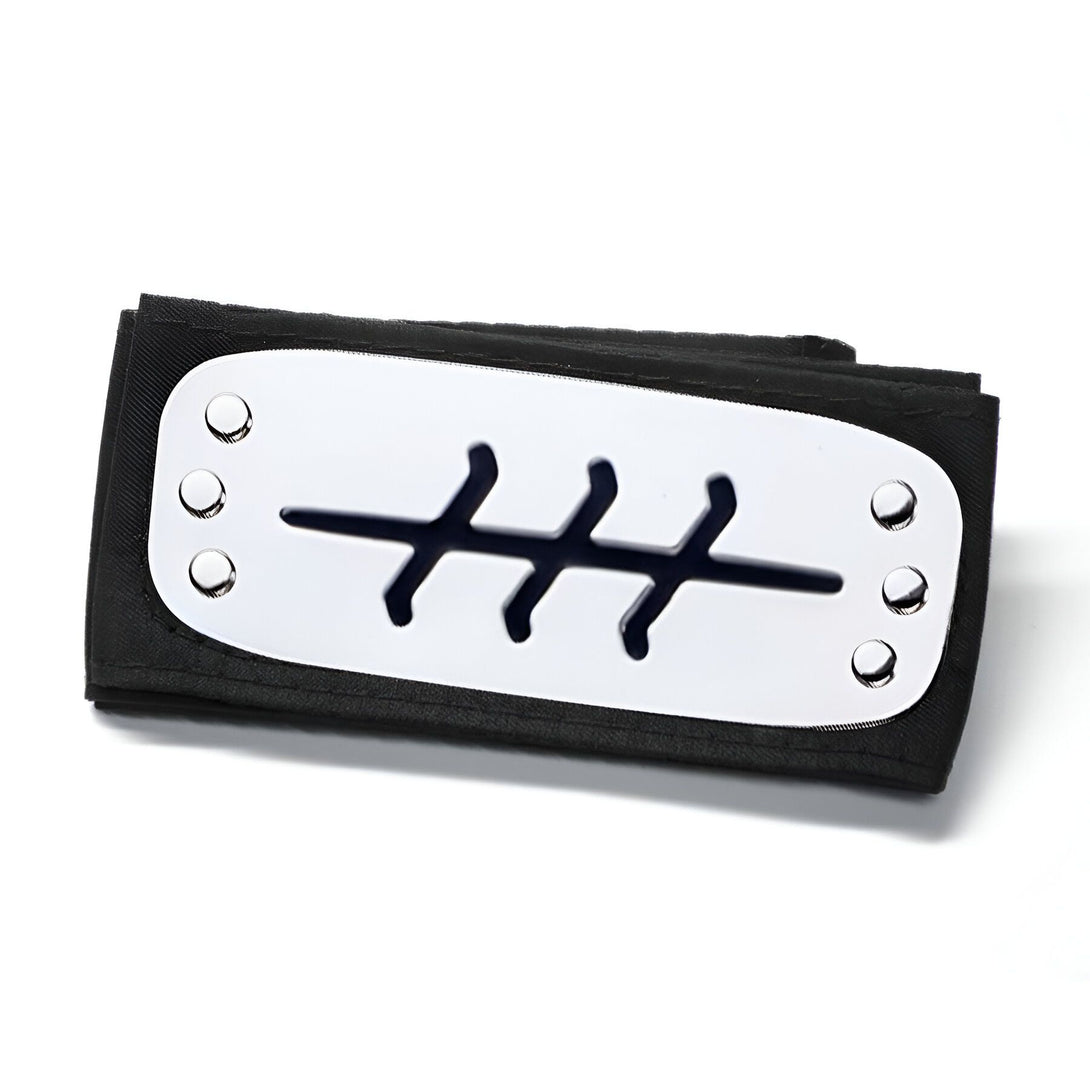 Bandeau frontal noir avec le symbole de Konoha en argent, un accessoire de cosplay pour les fans de Naruto.