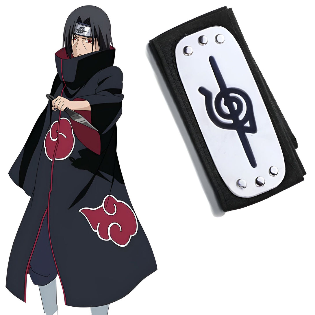 Le bandeau frontal de l'Akatsuki avec l'emblème du Sharingan, un accessoire de cosplay Naruto.