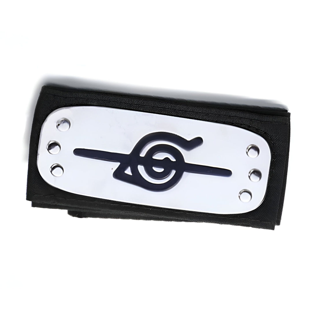 Bandeau noir avec le symbole du village caché de Konoha (feuille) en argent.  Accessoire cosplay Naruto.