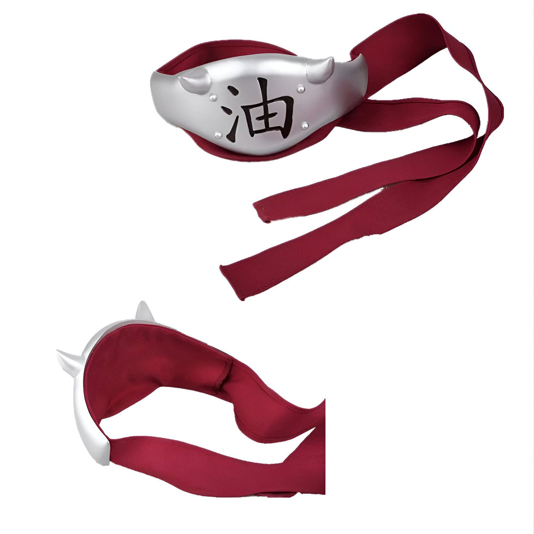 Bandeau de front argenté avec inscription "油" en noir, orné de deux cornes pointues de chaque côté, et deux longues attaches de couleur rouge.