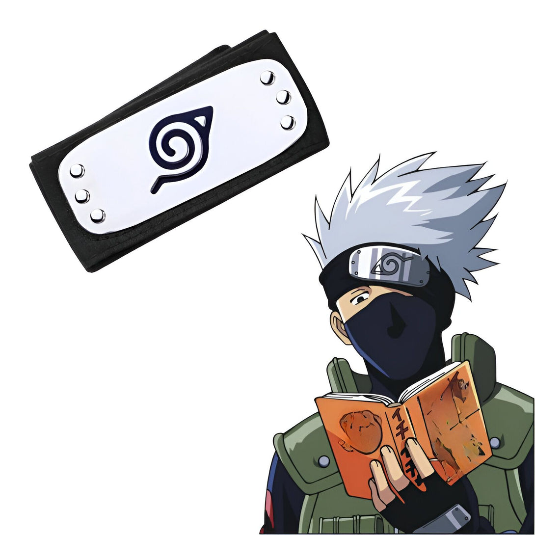 Bandeau de front Naruto avec le symbole de Konoha et Kakashi Hatake lisant un livre.