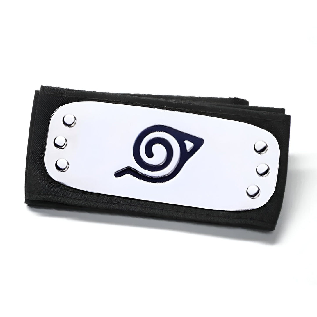 Bandeau noir en tissu avec le symbole du village caché de Konoha en argent.