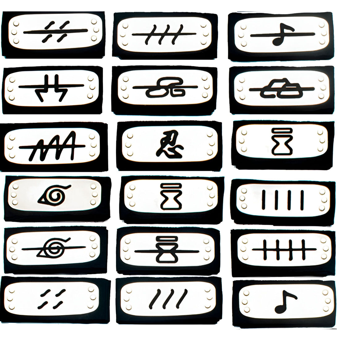Collection de 18 bandeaux de front de style Naruto, chacun arborant un symbole unique comme le symbole du clan Uzumaki, le kanji "Shikamaru", le symbole de la foudre, la note de musique et bien plus encore. Parfait pour les fans de Naruto.