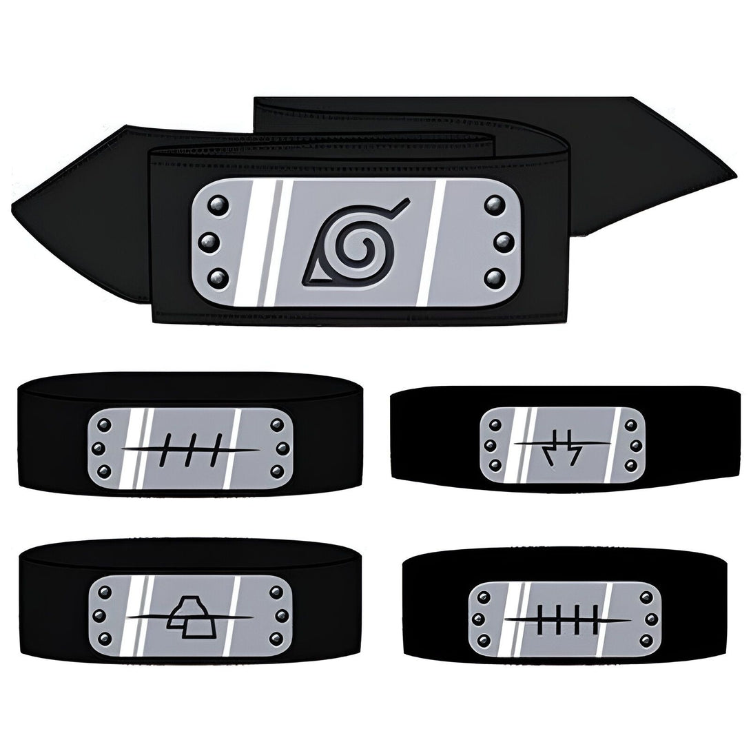 Bandeau frontal de Naruto avec différents emblèmes de village : le symbole du village de Konoha, le symbole du village de Kumo, le symbole du village de Iwa et le symbole du village de  Suna.