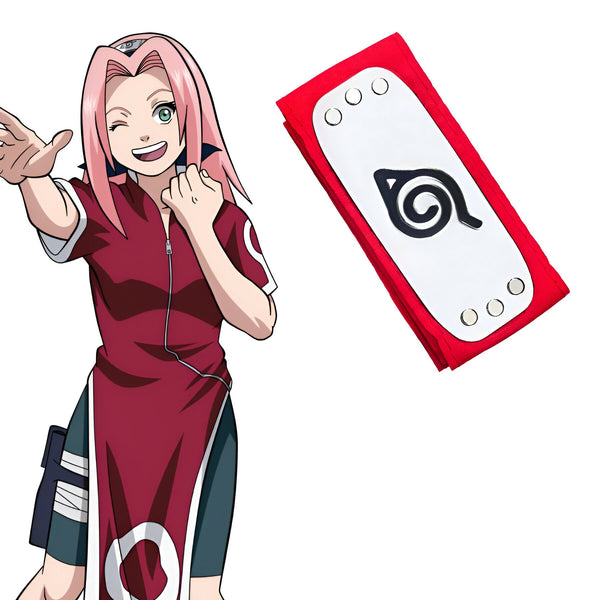 Sakura Haruno, personnage de l'anime Naruto, portant sa tenue de ninja et son bandeau frontal rouge avec le symbole du clan Uchiwa.
