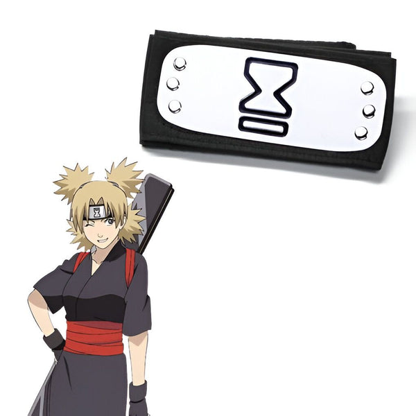 Bandeau de front noir avec le symbole du village de Konohagakure et le personnage de Temari de Naruto.