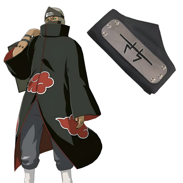 Bandeau de front noir avec un logo argenté et un personnage de l'anime Naruto portant un long manteau noir avec des nuages rouges.  Parfait pour les fans de Naruto.