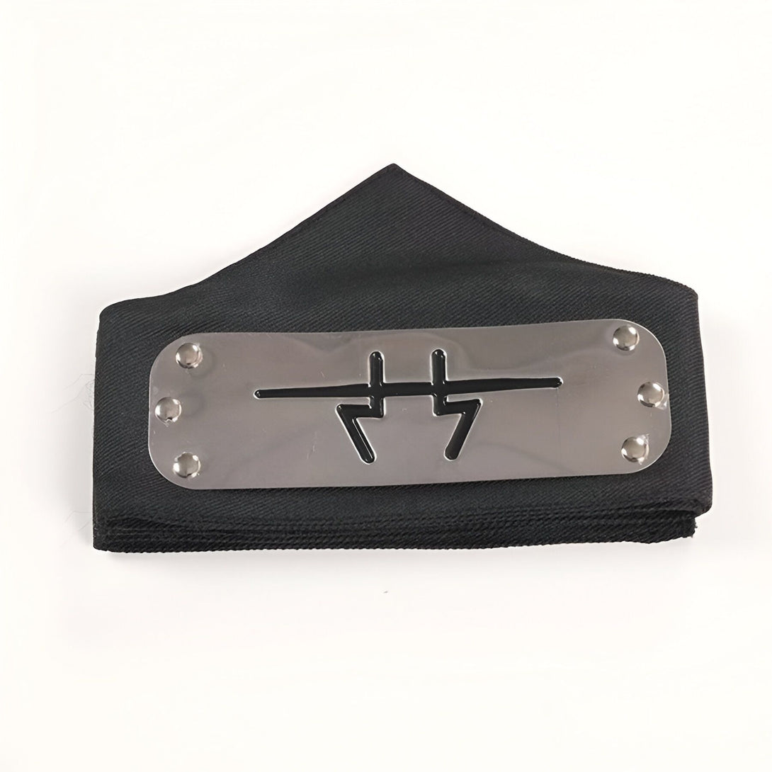 Bandeau noir de ninja Naruto avec une plaque argentée représentant le symbole du village de Konoha.