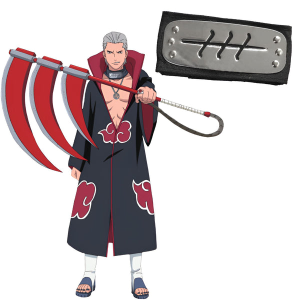 Pain, un personnage de l'anime Naruto, brandit son arme distinctive, la "Lame de Déchirure", avec un bandeau frontal Akatsuki à l'arrière-plan.