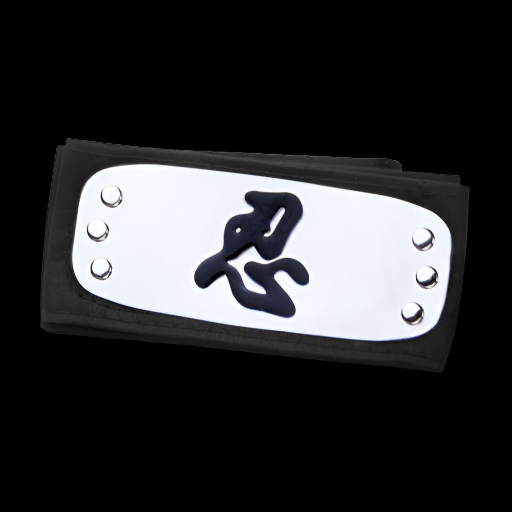 Bandeau noir avec un emblème argenté représentant le kanji "忍" (shinobi) en noir, symbole de l'univers Naruto.
