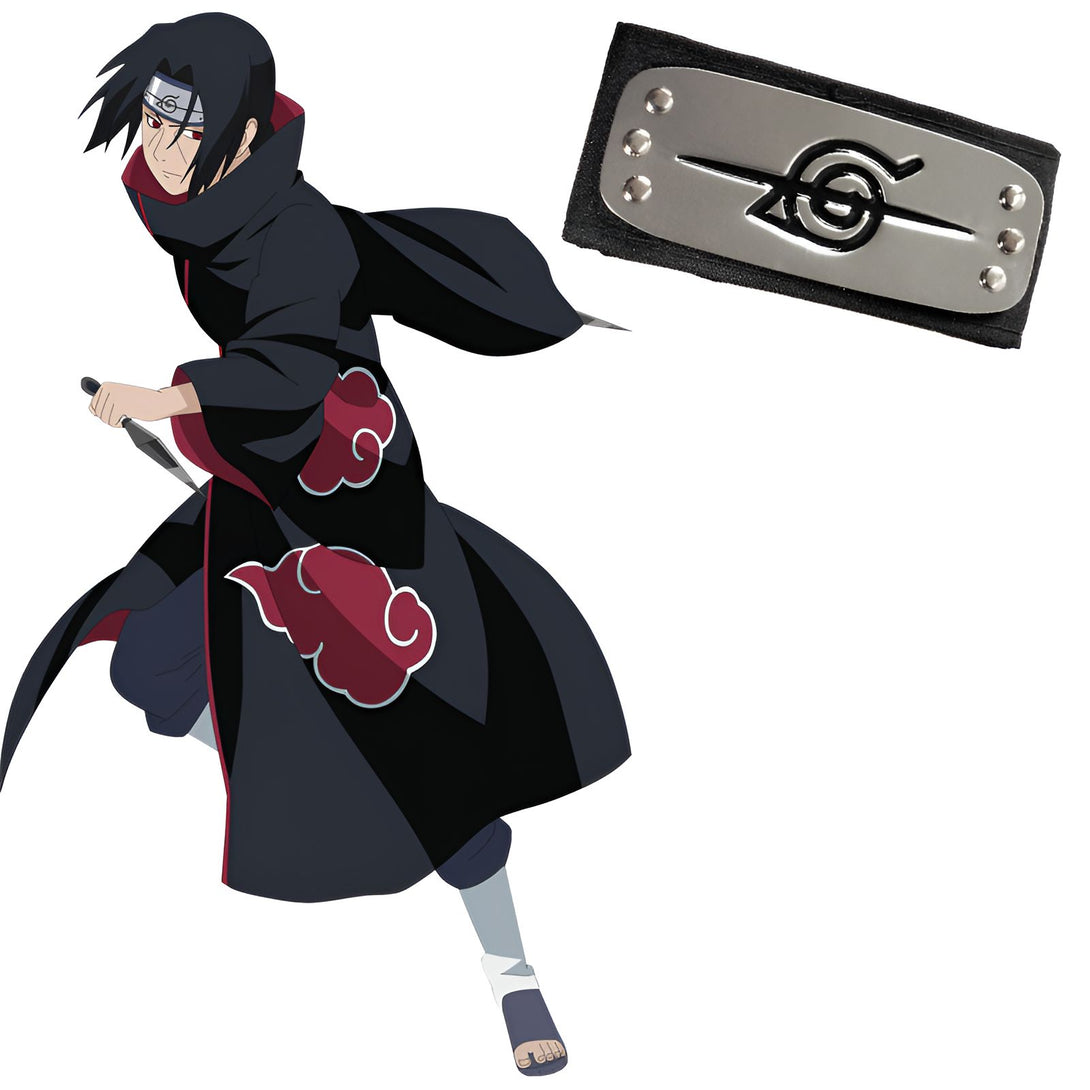 L'image montre un personnage de manga portant une tenue de ninja noire avec des motifs rouges, une épée dans la main et un bandeau frontal avec le symbole de l'Akatsuki. Il est possible d'acheter ce personnage de manga et son bandeau en tant que produits dérivés Naruto.