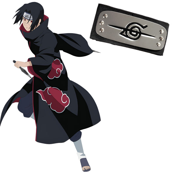 L'image montre un personnage de manga portant une tenue de ninja noire avec des motifs rouges, une épée dans la main et un bandeau frontal avec le symbole de l'Akatsuki. Il est possible d'acheter ce personnage de manga et son bandeau en tant que produits dérivés Naruto.