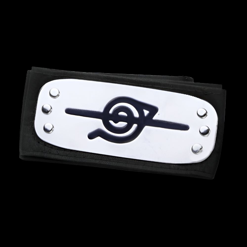 Bandeau noir avec un emblème argenté représentant le symbole du village caché de Konoha, un symbole important dans l'univers de Naruto.