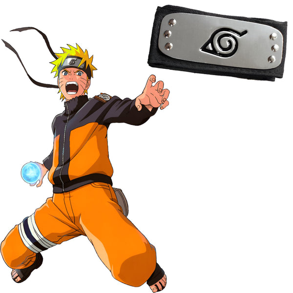 Naruto Uzumaki, le personnage principal de la série manga et anime Naruto, est représenté dans une pose dynamique. Il porte sa tenue orange emblématique et son bandeau frontal, le symbole du village de Konoha.  Le bandeau est également présenté séparément dans l'image.