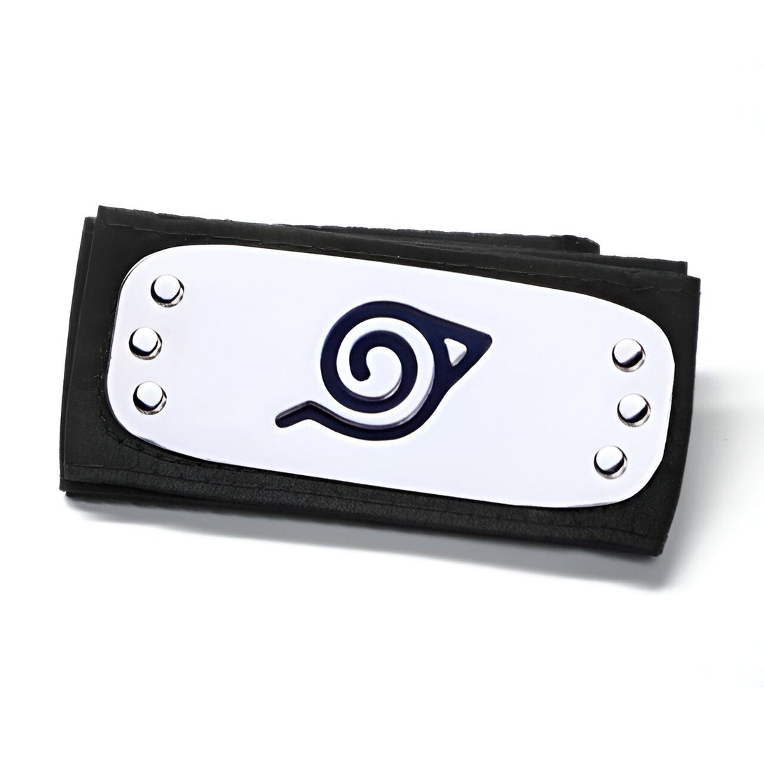 Bandeau noir avec l'emblème du village caché de Konoha, symbole de l'univers Naruto.