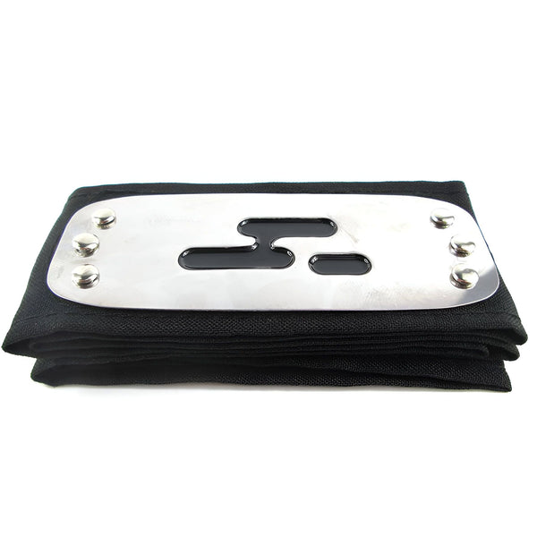 Bandeau de ninja Naruto en tissu noir avec plaque frontale en métal argenté ornée du symbole de Konoha.