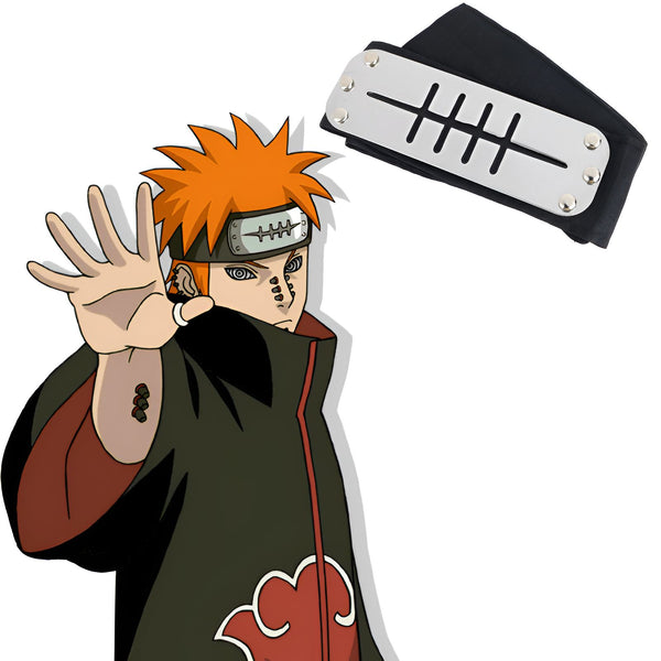 Le bandeau de Pain, un personnage du manga Naruto, avec quatre barres horizontales et une barre verticale, sur un fond blanc.