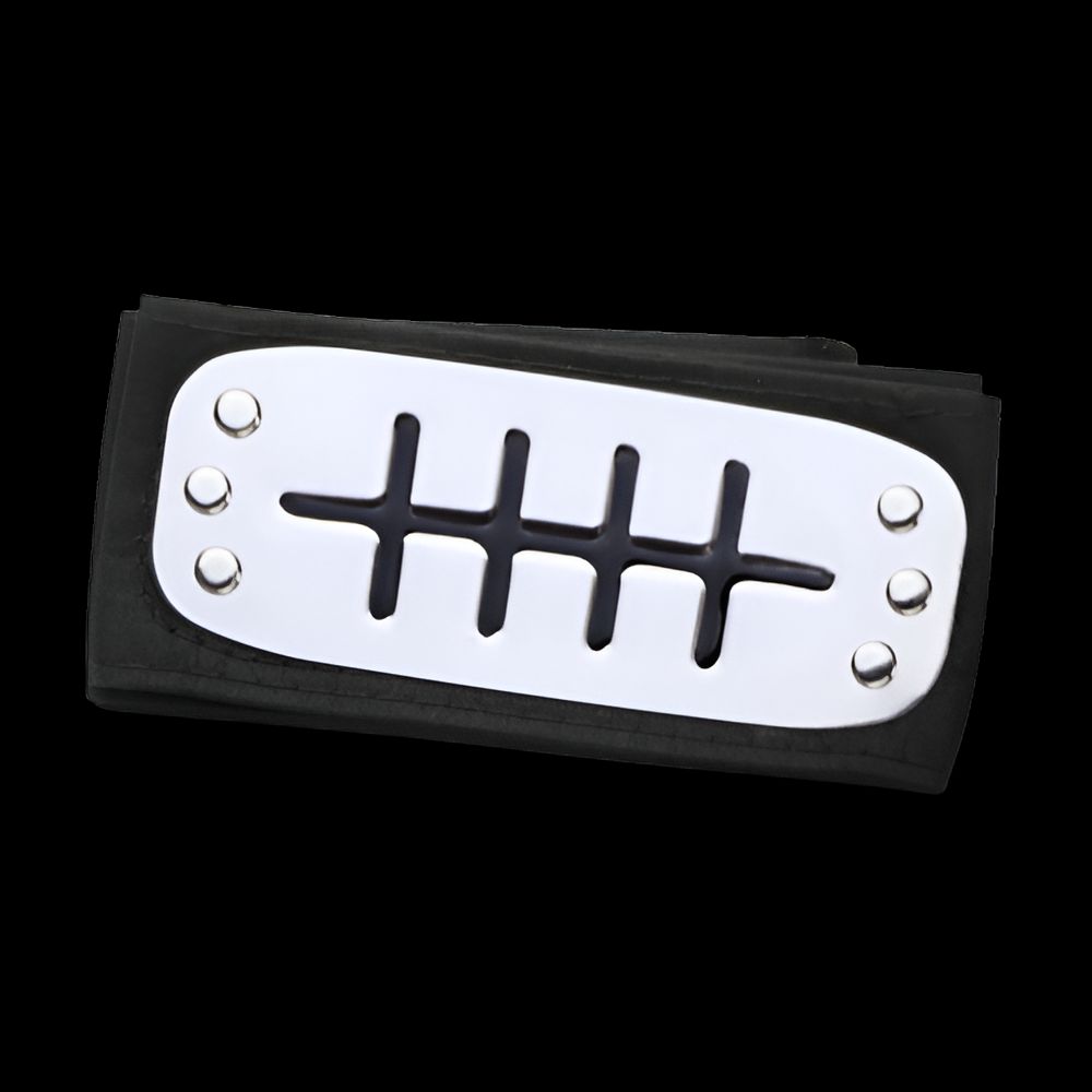 Bandeau de front en tissu noir avec un symbole argenté représentant le clan de Konoha, emblème de la série manga et anime Naruto.