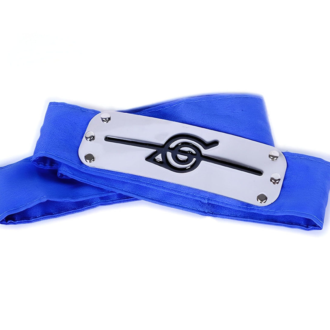 Bandeau bleu de Naruto avec le symbole du village de Konoha.  Ce bandeau est un accessoire parfait pour les fans de Naruto.