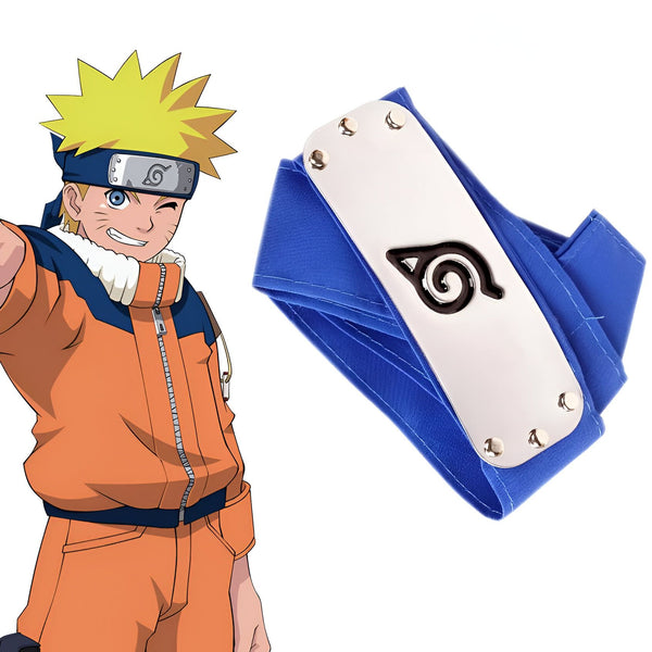 Bandeau bleu de Naruto avec le symbole du village caché de Konoha. Accessoire parfait pour les fans de Naruto.