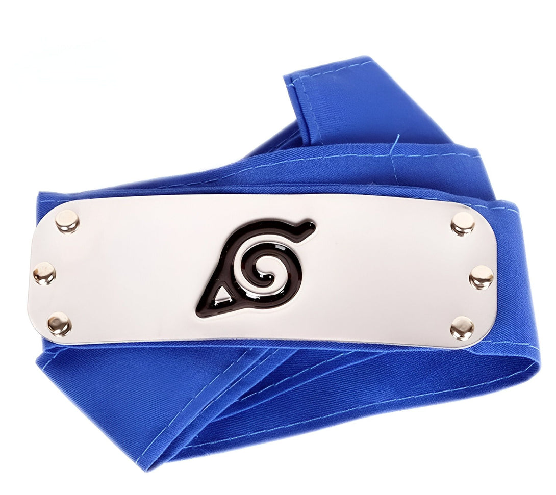 Bandeau bleu avec le symbole du village caché de Konoha, un accessoire de cosplay pour les fans de Naruto.
