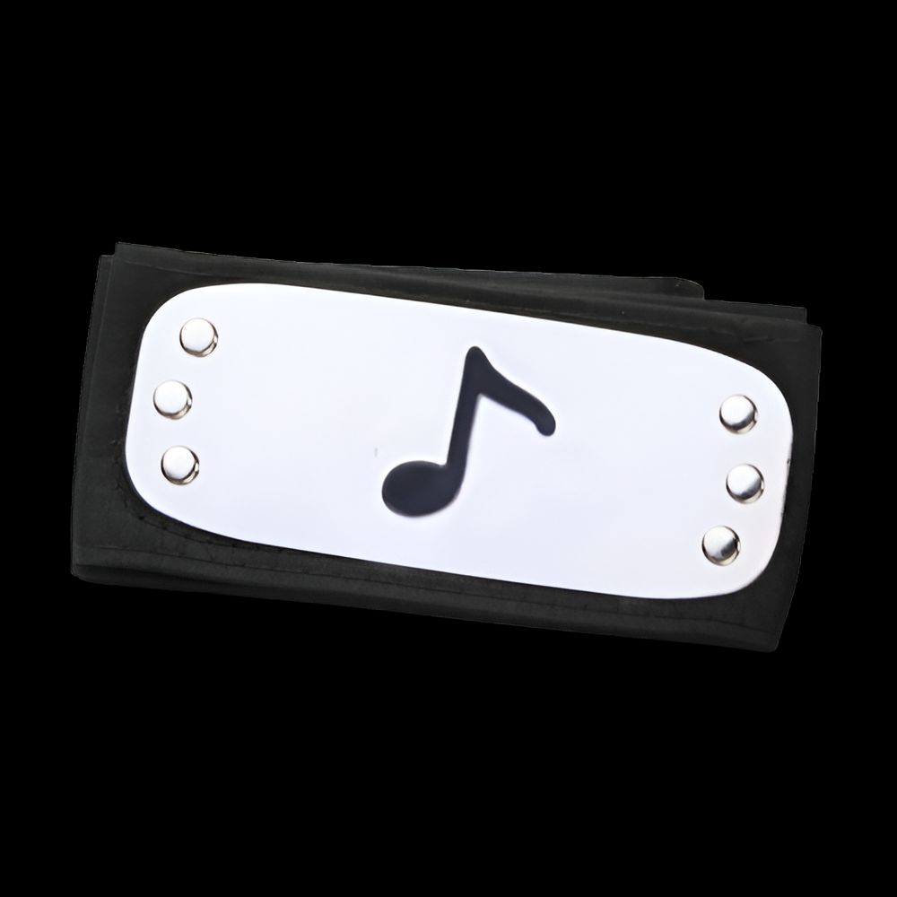 Bandeau de front noir avec une plaque argentée comportant une note de musique noire. Ce bandeau est un accessoire populaire pour les fans de Naruto.