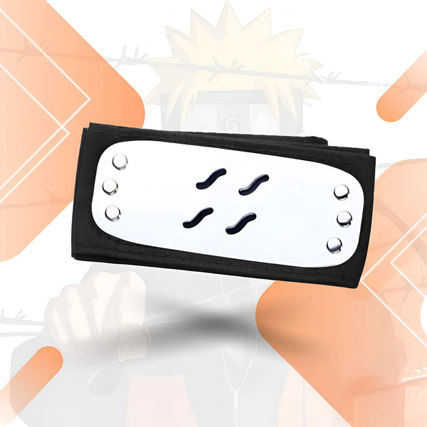 Bandeau frontal noir avec un symbole blanc représentant trois vagues stylisées, idéal pour les fans de Naruto.