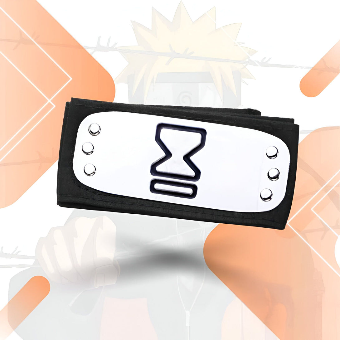 Bandeau de front noir avec un symbole argenté en forme de sablier, un accessoire de cosplay pour les fans de Naruto.