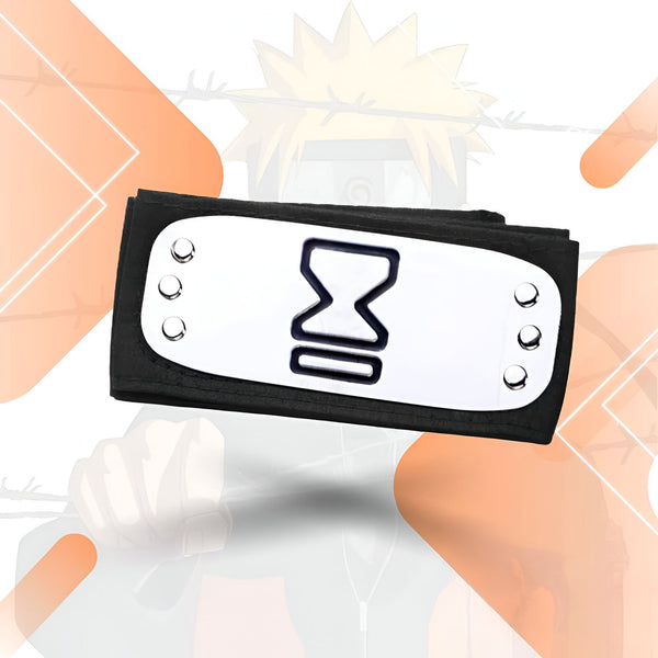 Bandeau de front noir avec un symbole argenté en forme de sablier, un accessoire de cosplay pour les fans de Naruto.
