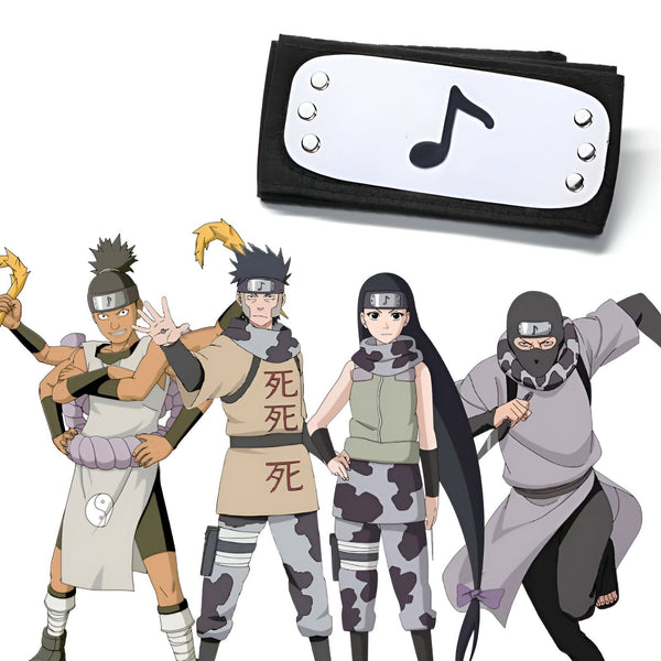 Bandeau de front Naruto avec le symbole de la feuille de l'Équipe 7, avec quatre personnages de l'anime Naruto.