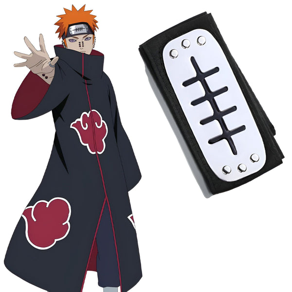 Bandeau de front de Pain du manga Naruto, avec un design noir et argenté et le logo du Akatsuki.  Le bandeau est représenté à côté de Pain dans sa tenue de combat du Akatsuki.