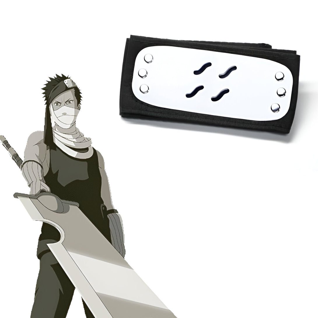 Bandeau frontal de Konoha avec le symbole du village et un personnage de l'anime Naruto tenant une grande épée.