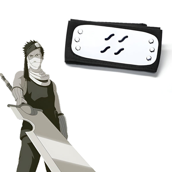 Bandeau frontal de Konoha avec le symbole du village et un personnage de l'anime Naruto tenant une grande épée.
