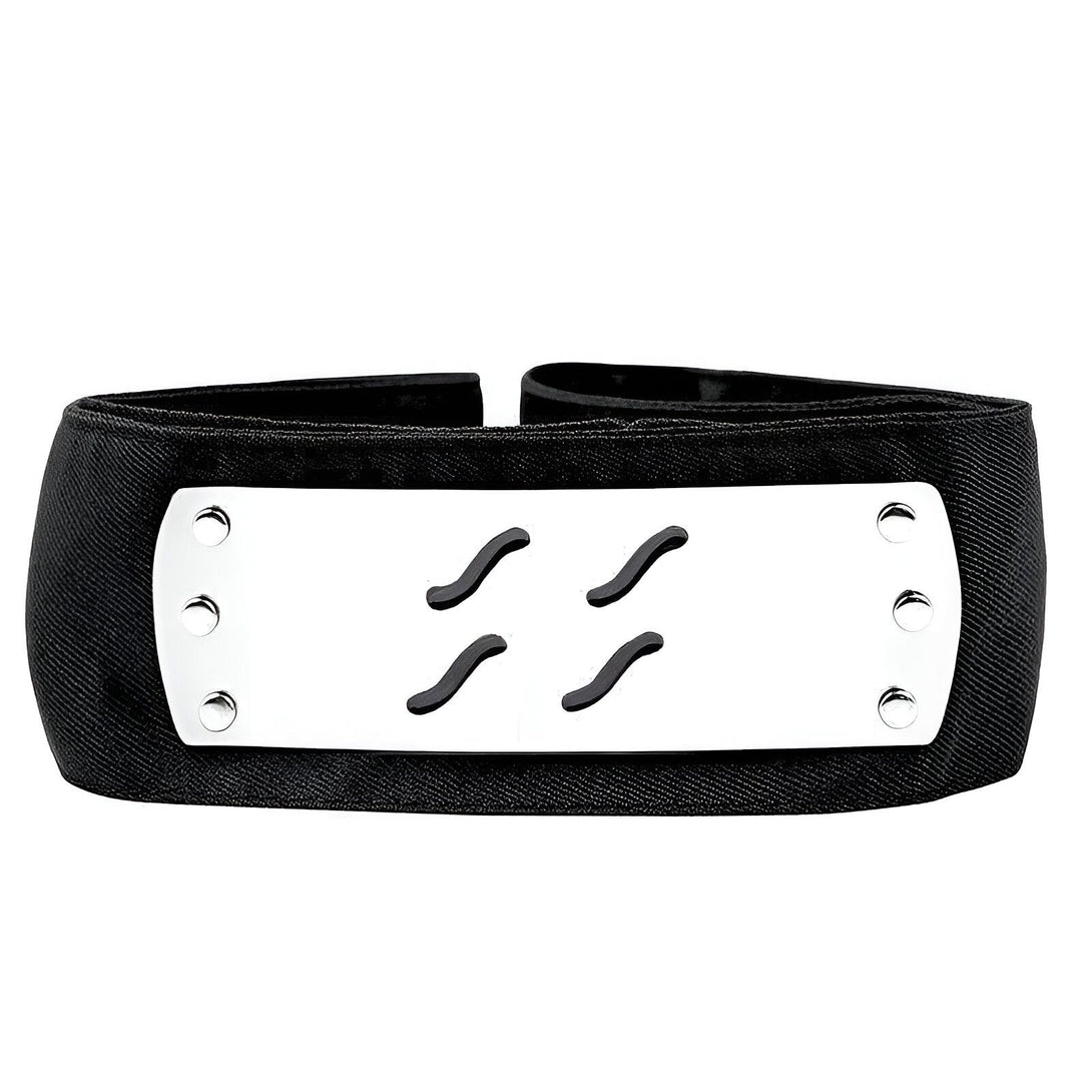 Bandeau noir avec un emblème argenté représentant quatre vagues noires. Accessoire de cosplay Naruto.