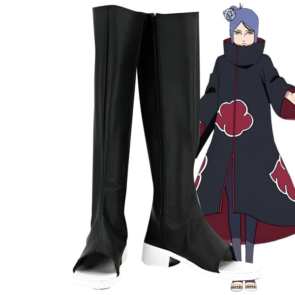 Bottes noires de cosplay de Konan de Naruto avec une semelle blanche.