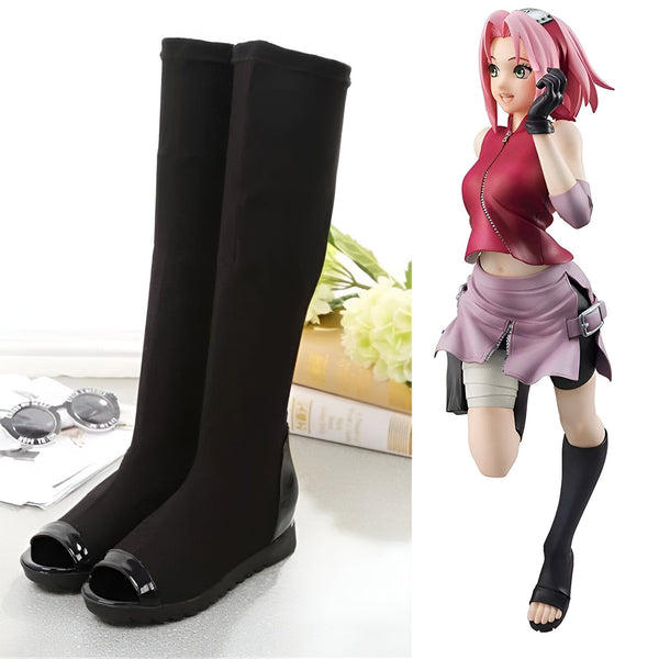 Bottes noires de style Naruto pour femme, inspirées du personnage de Sakura Haruno. Ces bottes sont parfaites pour les fans de Naruto.