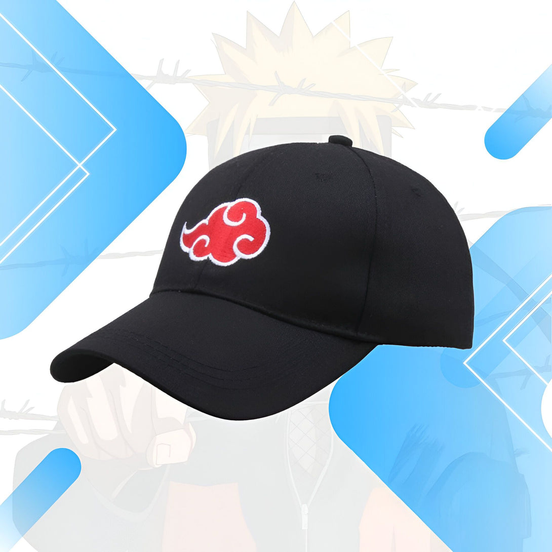 Casquette noire de baseball avec le symbole rouge du nuage Akatsuki de l'anime Naruto.