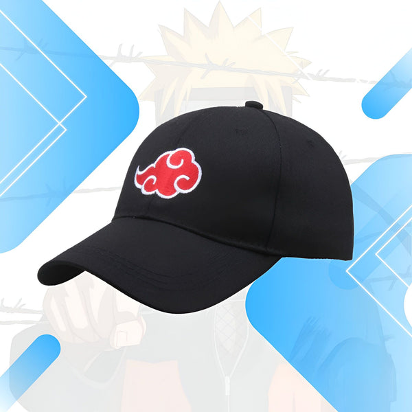 Casquette noire de baseball avec le symbole rouge du nuage Akatsuki de l'anime Naruto.