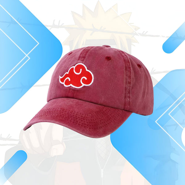 Casquette rouge bordeaux avec le logo Akatsuki de l'anime Naruto. La casquette est en coton et a une forme classique. Le logo Akatsuki est brodé en rouge sur la casquette.