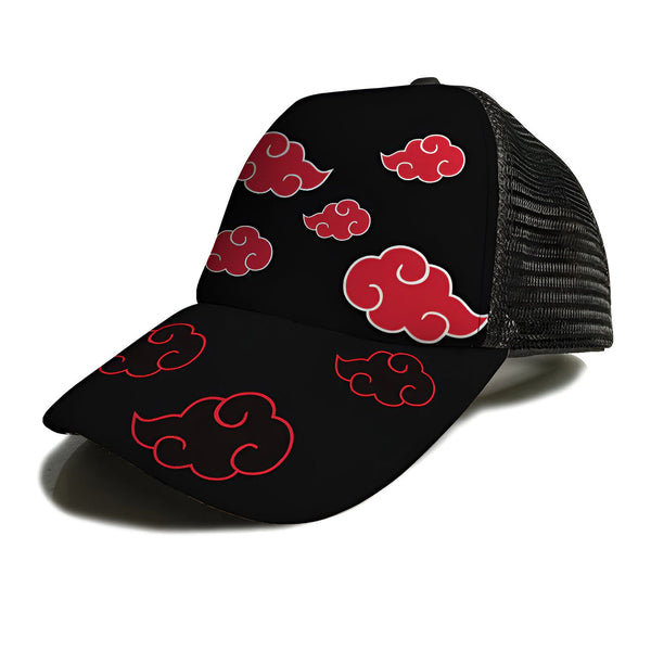 Casquette noire avec des nuages rouges en forme de spirale, un motif inspiré de l'univers de Naruto. Parfait pour les fans de l'anime.