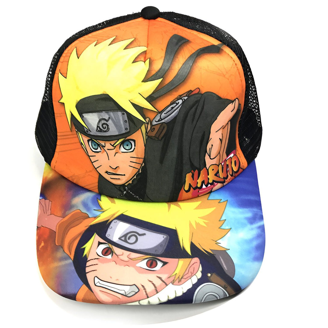 Casquette de baseball Naruto orange et bleue avec l'image de Naruto Uzumaki. Le logo "Naruto" est visible sur le côté de la casquette.