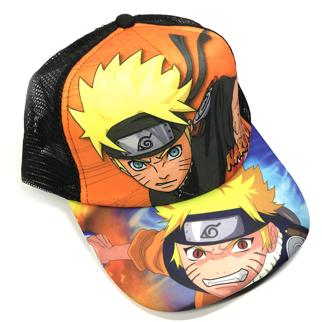 Casquette de baseball Naruto avec un design orange et noir mettant en scène le personnage principal Naruto Uzumaki avec son emblématique bandana.