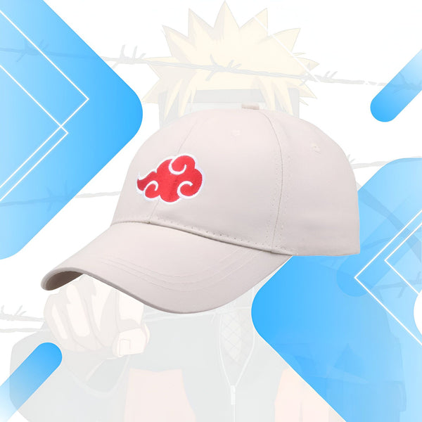 Casquette beige de baseball avec le logo rouge du village de Konoha, inspiré de l'anime Naruto.