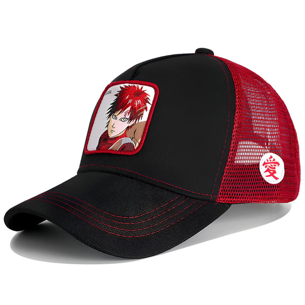 Casquette de baseball noire avec un patch représentant le personnage de Naruto, Pain, sur le devant. La casquette a une visière incurvée et une maille rouge sur le dos.