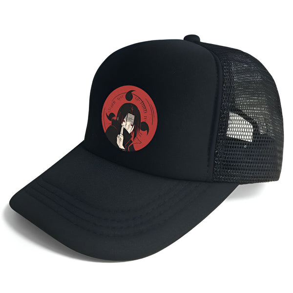 Casquette noire avec un motif de l'anime Naruto représentant le personnage d'Obito Uchiha avec le symbole du Sharingan.  Un choix parfait pour les fans de Naruto.