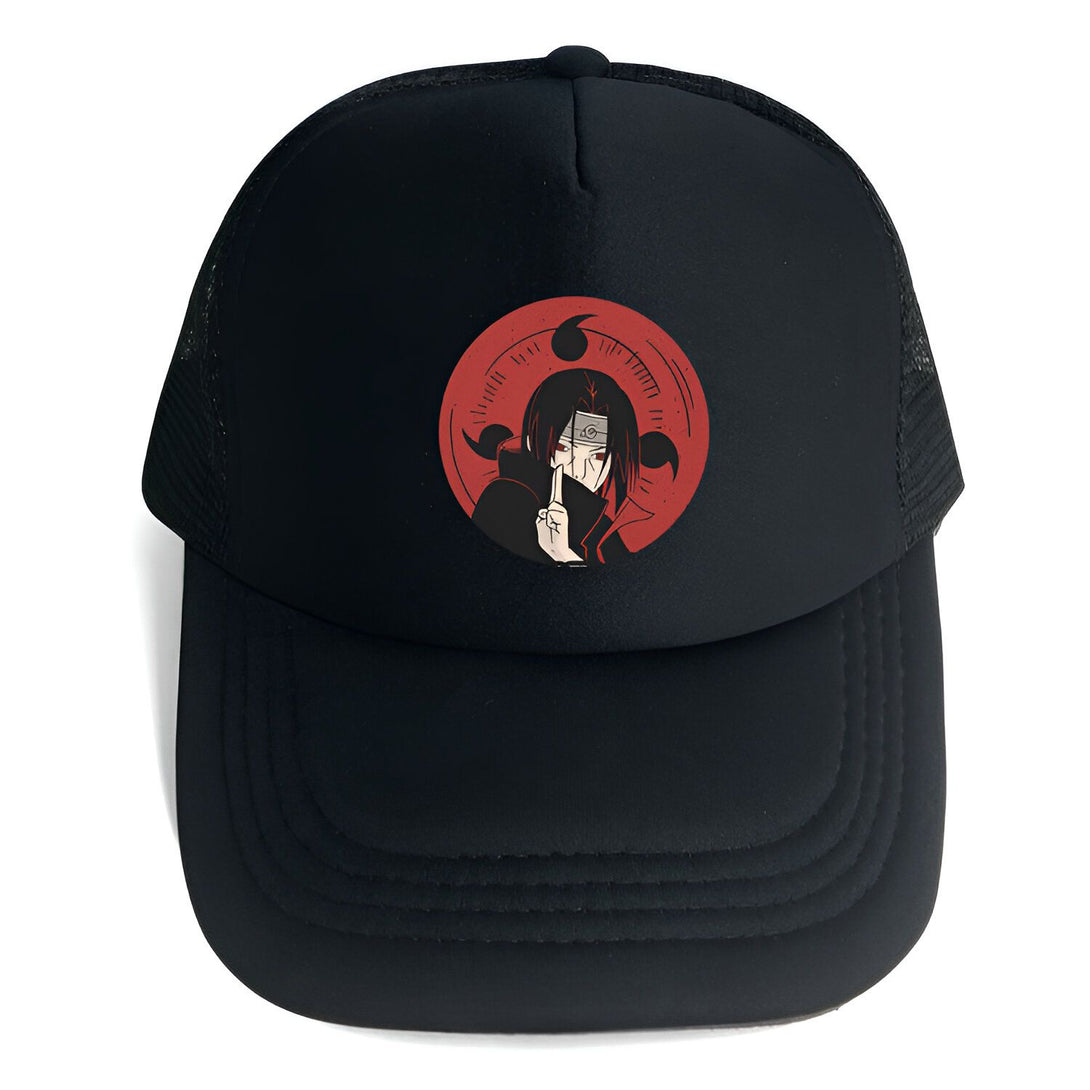 Casquette noire en maille avec un design de l'anime Naruto représentant le personnage de Pain portant son symbole signature.