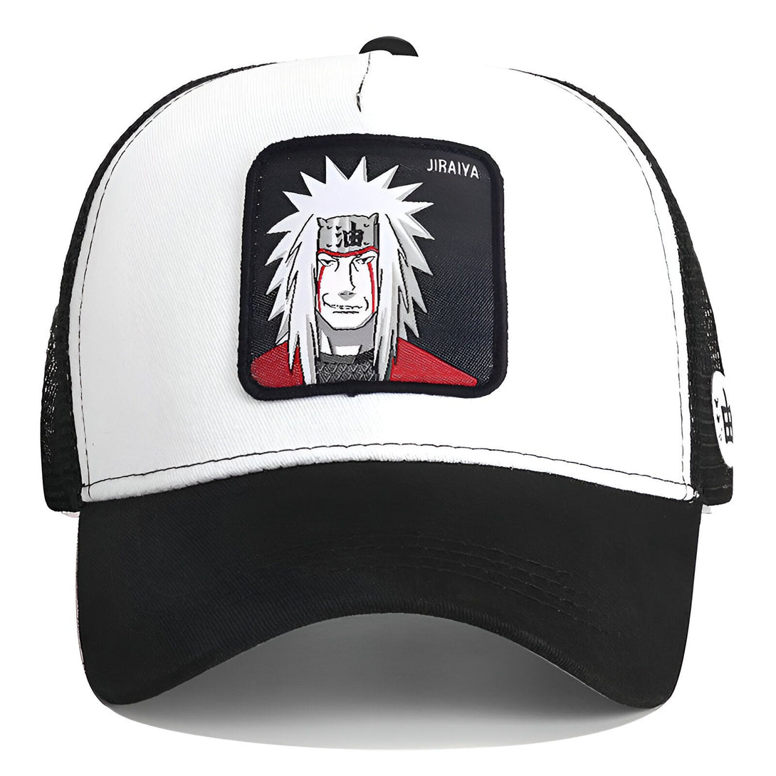Casquette de baseball blanche et noire avec un patch de Jiraiya, un personnage de l'anime Naruto.